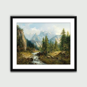 Paysage de montagne avec personnages, impressions de paysages, impression d&#39;art mural, décoration murale, décoration d&#39;intérieur, téléchargement numérique, oeuvre d&#39;art imprimable