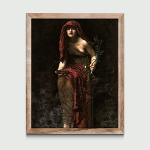 May include: A painting of a woman in a red robe holding an olive branch. She is sitting on a throne with smoke rising around her.