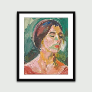May include: A painting of a woman's face with a red, pink, and green background. The woman is wearing a red dress and has her eyes closed.