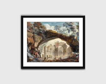 自然のアーチを通して見た円形寺院の遺跡（1785年）、絵画、古典芸術、壁掛けプリント装飾、デジタルダウンロード、印刷可能なアート