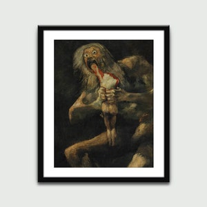 May include: A painting depicting a large, grotesque figure with a long white beard, holding a small, nude figure in its hands. The large figure has its mouth open, revealing a bloody, gaping maw. The painting is dark and shadowy, with a sense of horror and violence.