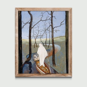 May include: A painting depicting a figure in a white robe rowing a boat along a winding river through a forest. The trees are bare and the sky is a pale blue.