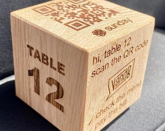 Wooden QR Code Cube – Personalized Stand for Restaurants, Cafes & Hotels | Engraved QR Digital Menus