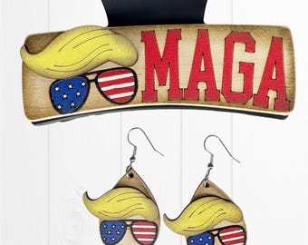 Maga set design, MAGA hairclip file, MAGA set SVG, digital hairclip svg, claw clip design, digital laser cut file, earrings