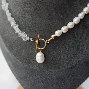 Pearl and aquamarine necklace, freshwater genuine pearl necklace,14k gold filled choker March June birthstone necklace gift blue gemstone