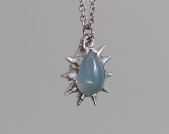 Aquamarine Spiky Pendant Necklace: Soldered Pearl Statement Jewelry