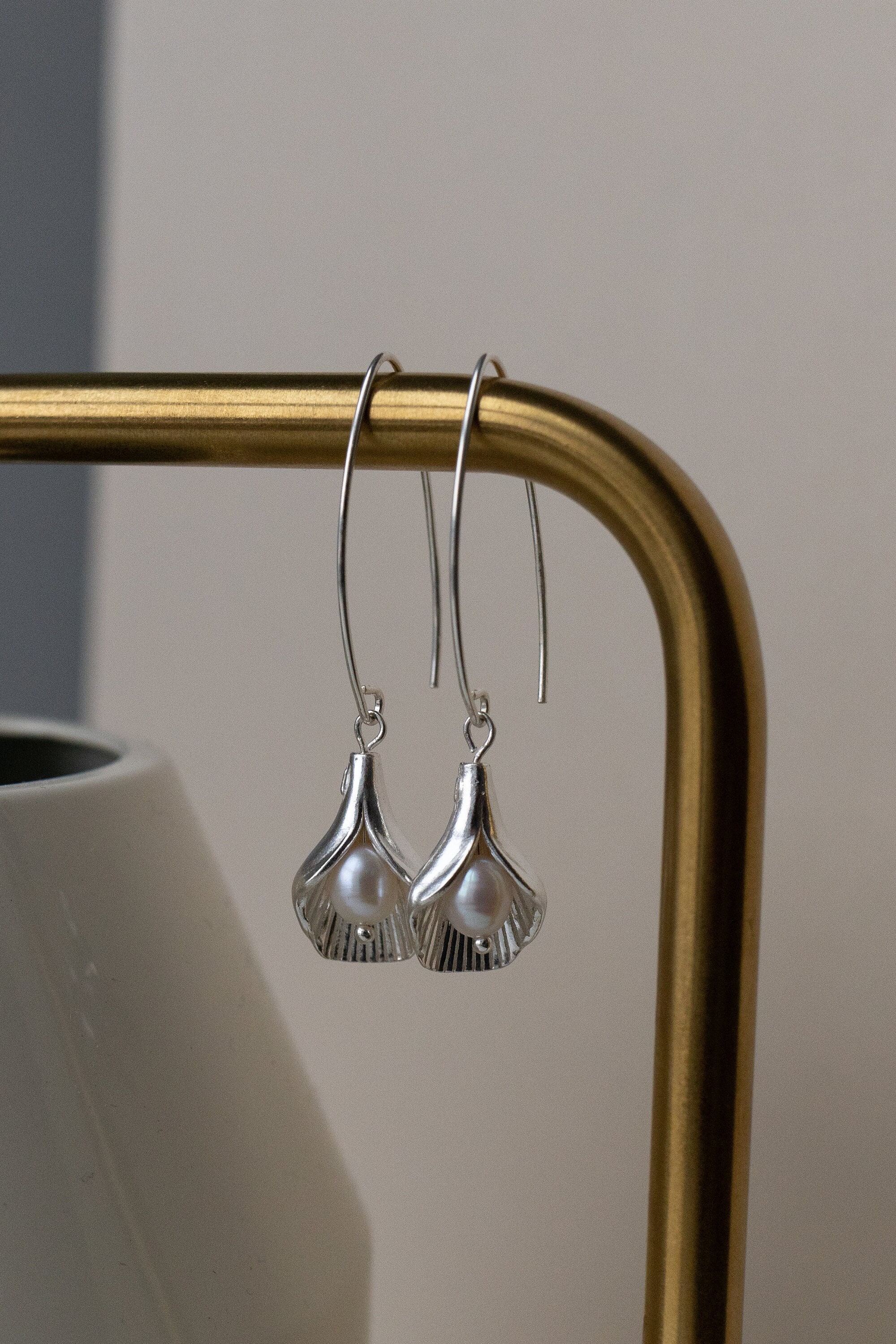 925 Silver Calla Lily Earrings With Freshwater Pearls, Marquise Wires ...