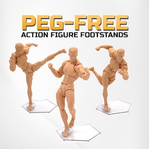 May include: Three tan action figure models in dynamic poses, each standing on a clear, hexagonal footstand. The figures are in various action poses, with the text "PEG-FREE ACTION FIGURE FOOTSTANDS" in a gold font above them.