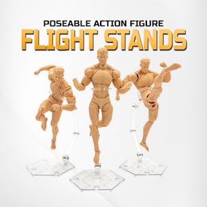 May include: Three poseable action figures in various dynamic poses, supported by clear flight stands. The figures are a tan color and have articulated joints. The text "POSEABLE ACTION FIGURE" and "FLIGHT STANDS" is displayed in a yellow and black font.