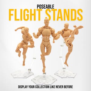 Poseable Flight Stands (Adjustable) for Action Figures – Clear - 3 Pack - Design for 1/12 & 1/10 Scale Actiom Figures