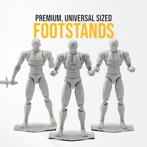 May include: Three gray plastic action figure stands with clear plastic bases. The stands are designed to hold action figures in a variety of poses. The text "PREMIUM, UNIVERSAL SIZED FOOTSTANDS" is displayed at the top of the image.