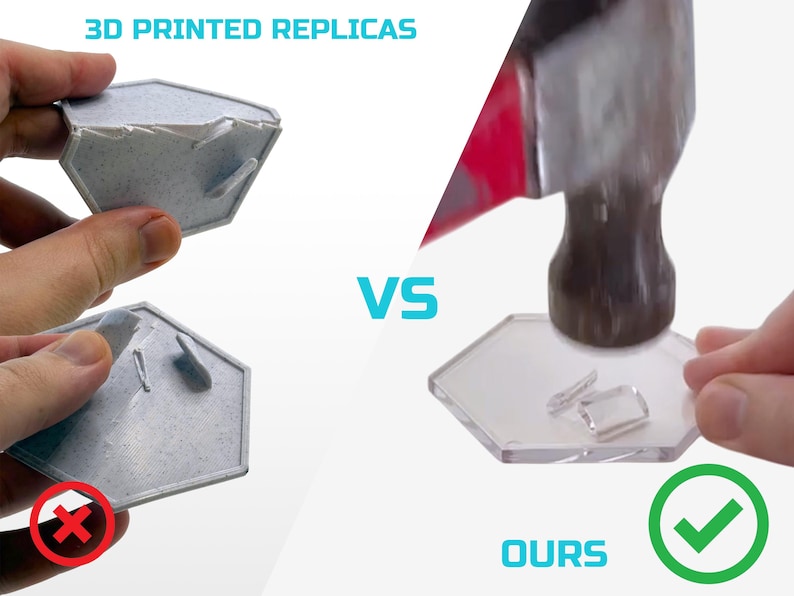 May include: A comparison of two hexagonal objects. The object on the left is a 3D printed replica that is cracked and broken. The object on the right is a clear, durable object that is being hit with a hammer. The text "3D PRINTED REPLICAS" is at the top left of the image. The text "VS" is in the middle of the image. The text "OURS" is at the bottom right of the image. A red X is next to the broken object. A green checkmark is next to the durable object.