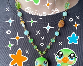 LPS Bird Necklace • Littlest Pet Shop Green Bird Adjustable Length • Handmade Necklace Gold