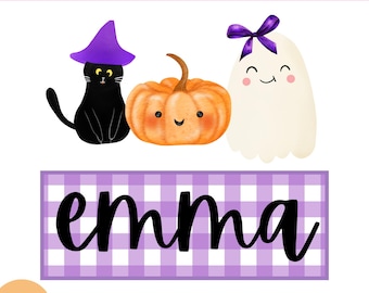 May include: A digital illustration featuring a black cat wearing a purple witch hat, an orange pumpkin, and a white ghost with a purple bow. Below is a purple and white checkered rectangle with the name "emma" in black. The text "PERSONAL & COMMERCIAL USE" is at the top.