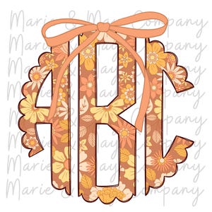 May include: A floral monogram design featuring the letters ABC in a decorative, scalloped-edge circle. The letters are filled with a pattern of yellow, orange, and white flowers on a brown background, with an orange bow at the top.