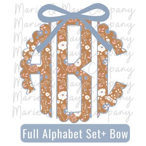 May include: A floral monogram design featuring the letters "ABK" in a brown, scalloped circle, adorned with a blue bow. The letters are filled with a floral pattern in pink, white, and blue. Text at the bottom reads "Full Alphabet Set+ Bow."