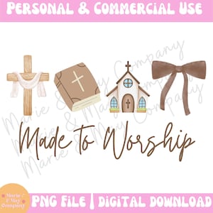 Könnte beinhalten: Aquarell-Illustration mit einem Holzkreuz, einem Buch mit einem Kreuz, einer Kirche und einer braunen Schleife. Der Text "Made to Worship" ist in einer Schreibschrift geschrieben. Das Bild ist eine PNG-Datei zum Download.