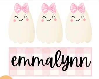 May include: Three cartoon ghosts with pink gingham bows, smiling faces, and rosy cheeks. Below, the name "emmalynn" is written in cursive on a pink gingham background. The image also includes the text "PERSONAL & COMMERCIAL USE" and "PNG FILE | DIGITAL DOWNLOAD".