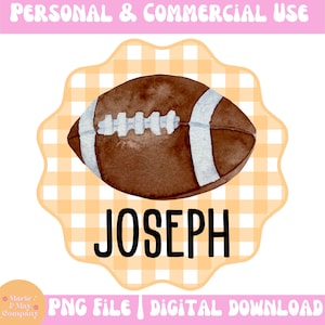 May include: A watercolor-style football with white stripes and laces, set against a yellow and white gingham pattern. The name "JOSEPH" is displayed in bold black letters. The image is labeled "PERSONAL & COMMERCIAL USE" and "PNG FILE | DIGITAL DOWNLOAD".
