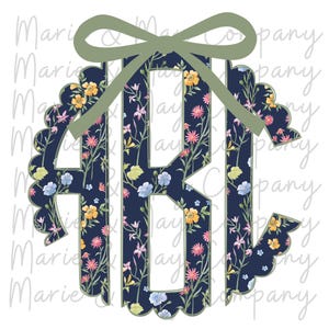 May include: A floral monogram design featuring the letters ABC in a navy blue font. The letters are filled with a colorful floral pattern of yellow, pink, and blue flowers. A green bow sits at the top of the monogram, with a scalloped edge.