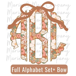 May include: A floral monogram design featuring the letters ABC, with a brown bow at the top. The letters are filled with a pattern of flowers in shades of pink, white, and yellow on a brown background. The text "Full Alphabet Set+ Bow" is at the bottom.