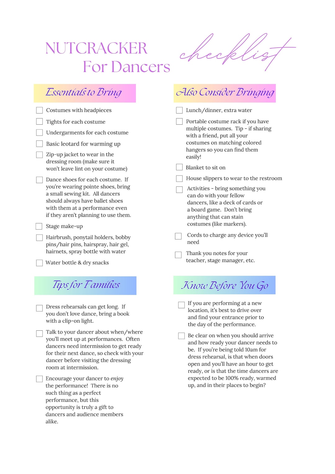 Nutcracker Checklist for Dancers, Dance Recital, Dance Performance, Dance Checklist, Nutcracker