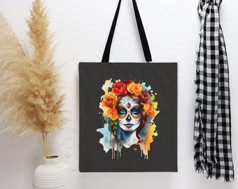 Sugar Skull Women Wreath Tote , Day of The Dead Tote , Cotton Canvas Shopping Bag , Gift for Her , Birthday Gift