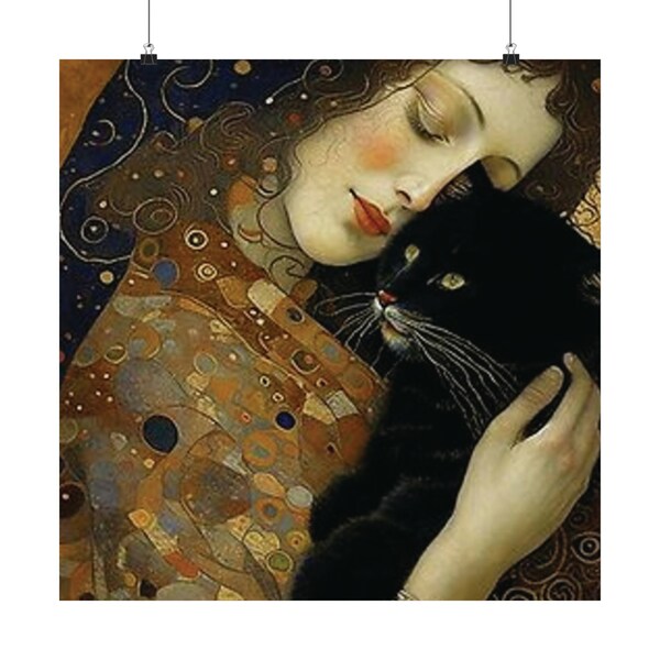 Woman Holding Cat Poster, Gustav Klimt Cat Poster, Cat Art Print, Giclie Print, Wall Decor, Home Decor, Living Room Art. Housewarming Gift