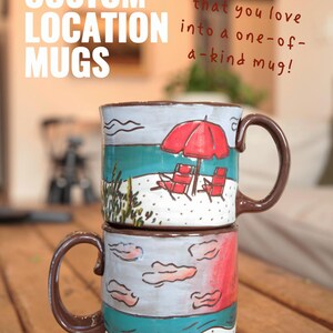 Custom Location Ceramic Mug – Hand-Painted City Illustration Mug – Personalized Place Memory Coffee Cup – Handmade Pottery Gift