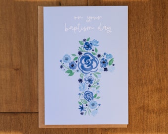 Baptism Card | Baby Baptism | Christening | Baptism Day | Boy - Blue with Blue Floral Cross