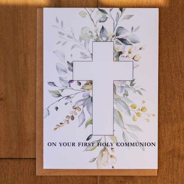 First Holy Communion Card | Holy Eucharist | First Communion | Catholic - Blue and Green Leaves with White Cross