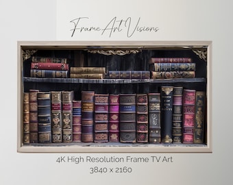 May include: A framed image of a bookshelf filled with antique books. The books have leather covers with gold lettering and intricate designs. The bookshelf is made of dark wood with ornate details. The image is titled "Frame Art Visions" and has a resolution of 3840 x 2160.