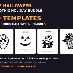 May include: A digital bundle of 99 Halloween and gothic templates and 24 bonus symbols. The graphic displays four white cards featuring black illustrations of a hockey mask, a jack-o'-lantern face, a skeleton, and a fedora-wearing figure.
