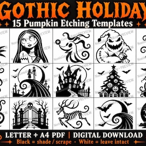 May include: A digital collection titled GOTHIC HOLIDAY 15 Pumpkin Etching Templates featuring fifteen black and white illustrations of characters, a haunted house, a Christmas tree, and moons. The text reads LETTER + A4 PDF DIGITAL DOWNLOAD.