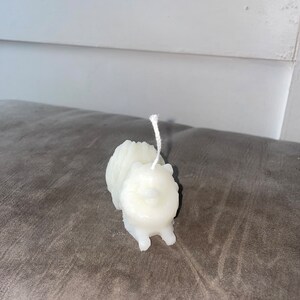 May include: White candle shaped like a small dog with a white wick. The candle is sitting on a brown surface.