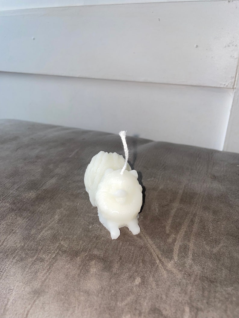 May include: White candle shaped like a small dog with a white wick. The candle is sitting on a brown surface.