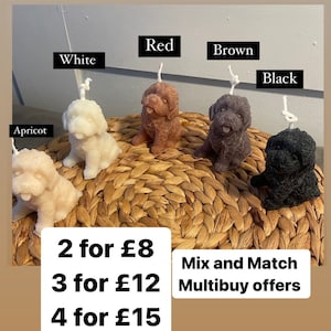 Puede incluir: Cinco velas con forma de perro en diferentes colores: albaricoque, blanco, rojo, marrón y negro. Las velas están dispuestas sobre una superficie de mimbre tejido. El texto "2 por £8, 3 por £12, 4 por £15" y "Mix and Match Multibuy offers" se muestra debajo de las velas.