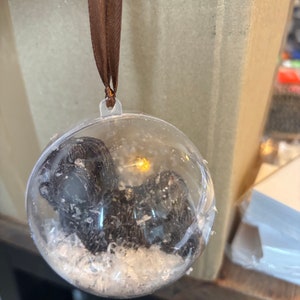 Może przedstawiać: Przezroczysta szklana ozdoba z brązową wstążką wiszącą na górze. Wewnątrz ozdoby znajduje się mała czarna figurka psa siedzącego na łóżku z białego sztucznego śniegu.