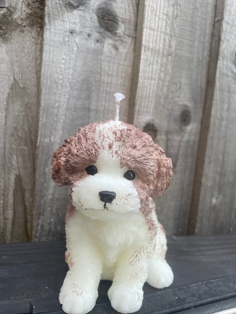 K&ouml;nnte beinhalten: Eine hundef&ouml;rmige Kerze mit wei&szlig;em K&ouml;rper und braunen Fellakzenten. Die Kerze hat schwarze Augen, eine schwarze Nase und einen wei&szlig;en Docht. Der Artikel ist dekorativ.