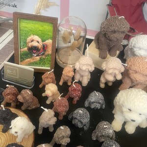 K&ouml;nnte beinhalten: Eine Pr&auml;sentation von hundef&ouml;rmigen Kerzen in verschiedenen Farben, darunter Braun, Wei&szlig; und Grau. Ein gerahmtes Foto eines Hundes und eine Glasglocke mit getrockneten Blumen sind ebenfalls vorhanden. Die Kerzen sind auf einer schwarzen Oberfl&auml;che angeordnet.