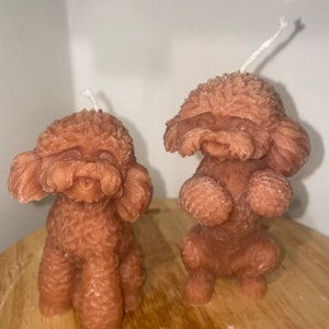 Puede incluir: Dos velas marrones con forma de caniche, una de pie y la otra sentada. Ambas velas tienen una mecha blanca.