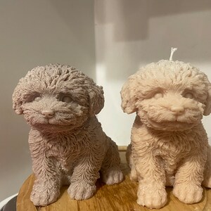 K&ouml;nnte beinhalten: Zwei hundef&ouml;rmige Kerzen in Beige- und Taupe-T&ouml;nen stehen nebeneinander. Die Kerzen sind mit strukturiertem Fell detailliert und haben eine sitzende Pose. Eine Kerze hat einen wei&szlig;en Docht. Die Kerzen stehen auf einer Holzoberfl&auml;che.