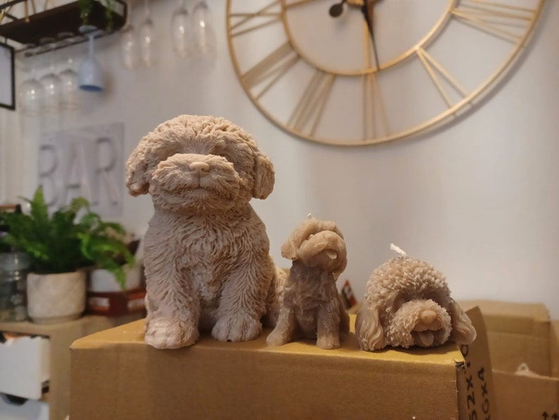 K&ouml;nnte beinhalten: Drei beige Hundekerzen in verschiedenen Gr&ouml;&szlig;en. Die gr&ouml;&szlig;te Kerze sitzt aufrecht, w&auml;hrend die anderen beiden kleiner sind und sich in verschiedenen Posen befinden. Die Kerzen haben ein strukturiertes, flauschiges Aussehen, das einem Pudel oder einer &auml;hnlichen Rasse &auml;hnelt.