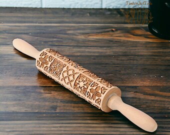 Flower Block Pattern Wooden Rolling Pin |  Perfect for Pies, Pizza, Cookies & Holiday Baking | Vintage Style