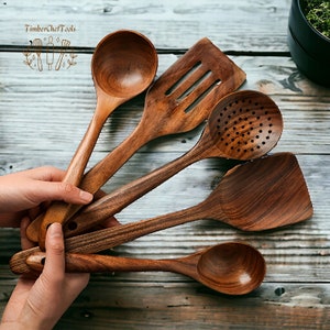 5-Piece Teak Wood Kitchen Utensil Set | Premium Spoons, Turners, Skimmer & Spatulas for Gourmet Cooking | Cute Kitchen Set