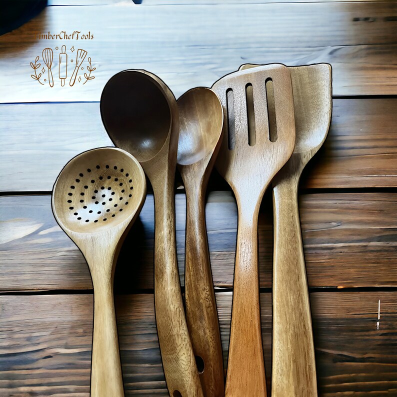 5piece Teak Wood Kitchen Utensil Set Premium Spoons, Turners, Skimmer