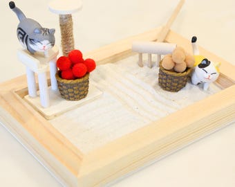 CAT Zen Garden | Wooden Miniature Desk Decor Cat Lovers Gift Tabletop Sand Garden Fidget Toy
