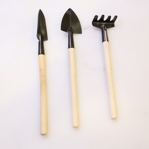 Könnte beinhalten: Ein Satz von drei Gartengeräten mit Holzgriffen. Die Werkzeuge umfassen eine kleine Schaufel, eine kleine Handharke und ein kleines spitzes Werkzeug.