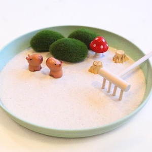 Puede incluir: Un jardín zen en miniatura en un plato verde claro. El jardín presenta bolas de musgo verde, una seta roja con lunares blancos, pequeñas figuras marrones y un rastrillo de madera. La arena es blanca.