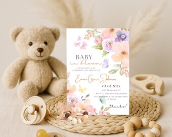 Baby in Bloom Baby Shower Invitation, Floral Canva Template (Digital Download)
